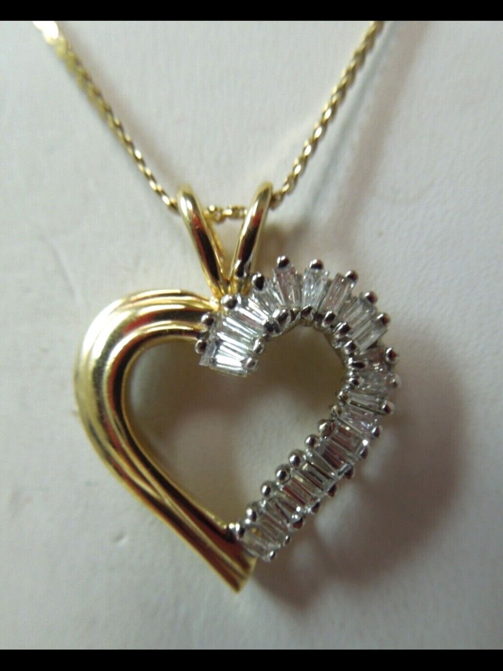 Vintage 14K Gold Heart Pendant Necklace with Clear Baguette Accents